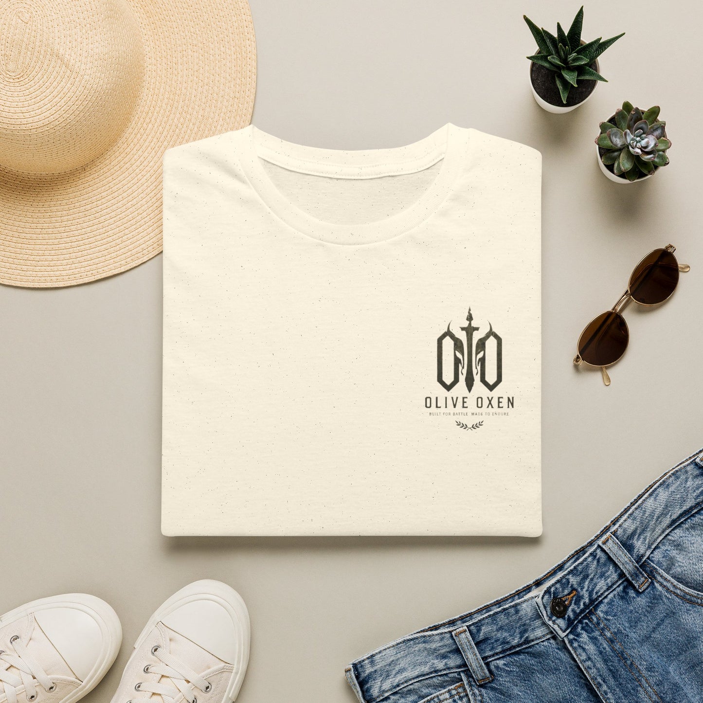 Olive Oxen Minimal Crest T‑Shirt — Subtle Military-Inspired Logo Tee