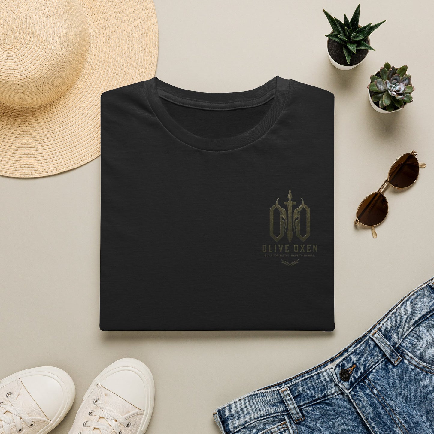 Olive Oxen Minimal Crest T‑Shirt — Subtle Military-Inspired Logo Tee